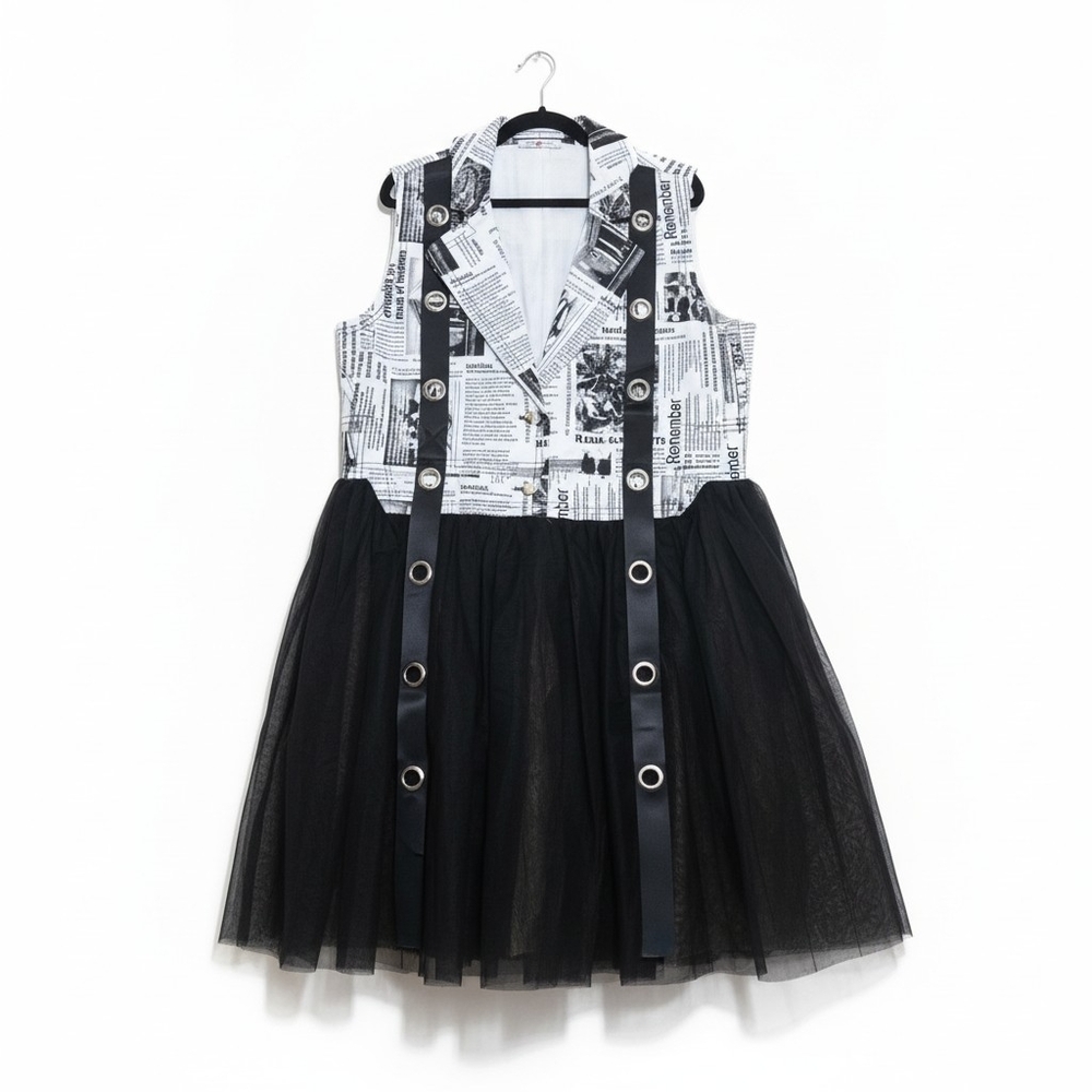 Pomme Rouge XL Newspaper Print & Black Tulle Dress New